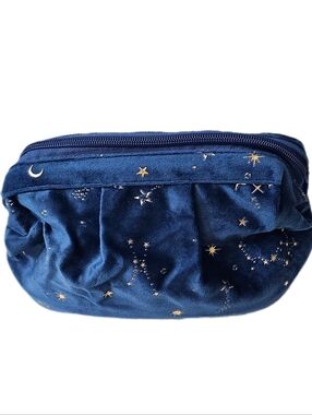 Blue Gold Velvet clamshell zip makeup cosmetics bag clutch stars moon design NEW